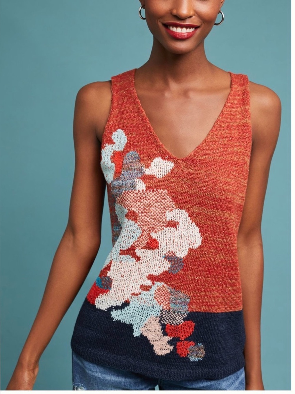 Anthropologie Rust Patterned V-Neck Knit Tank Sweater